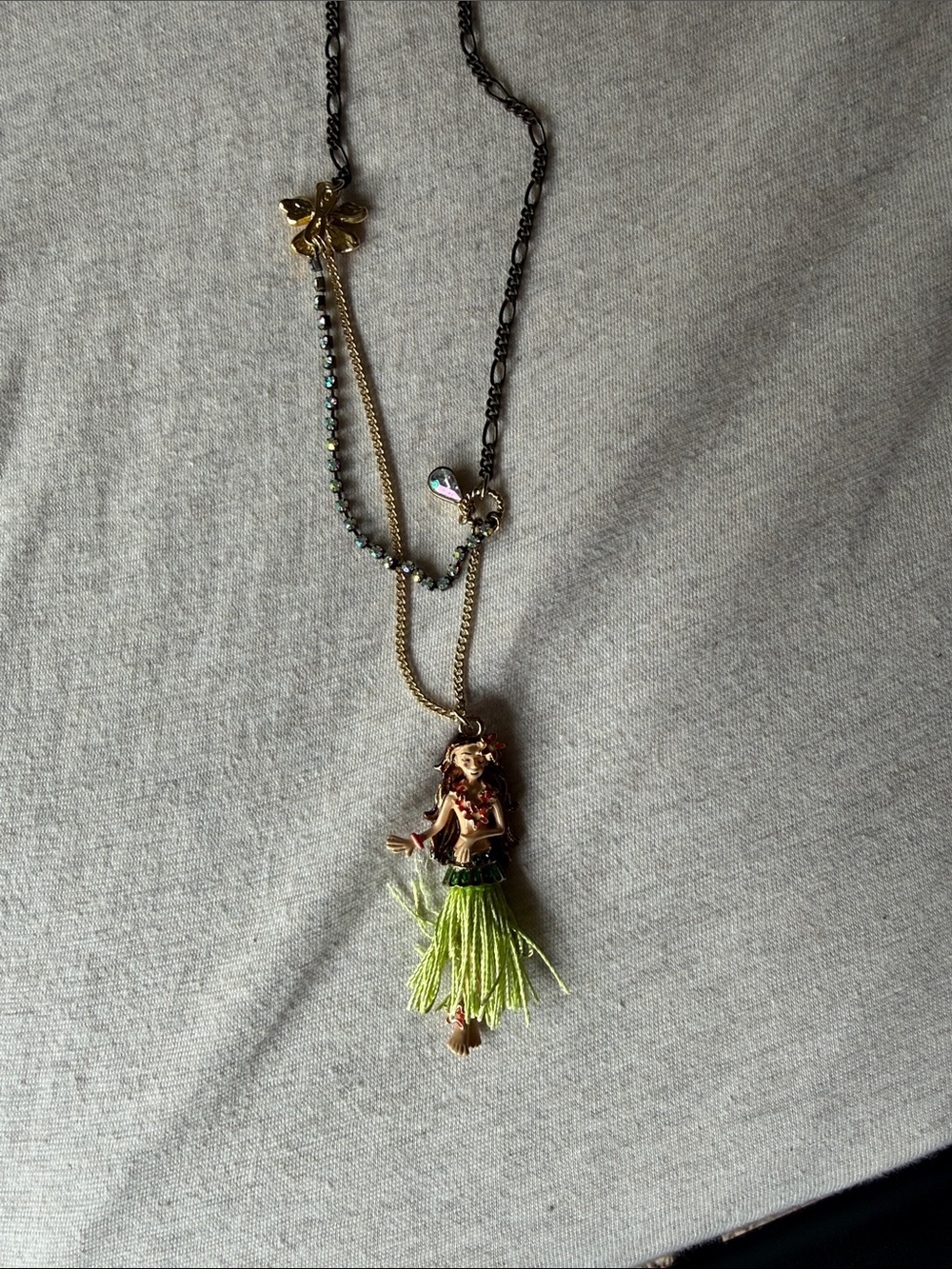 Betsey Johnson Gold Tone Hula Girl Pendant Necklace with Lime Tassel